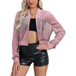 Nlife Women Sheer Mesh Sparkly Bomber Jackets See Thru Glitter Shiny Rave Lightweight Zip Up Crop Jacket Outwear