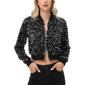 Anna-Kaci Women's Sparkly Sequin Jacket Cropped Two-Way-Zipper Glitter Party Club Bomber Jacket