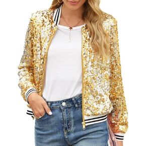 itnpbwus Sequin Jacket for Women Long Sleeved Front Zipper Ribbed Cuffs Bomber Jacket