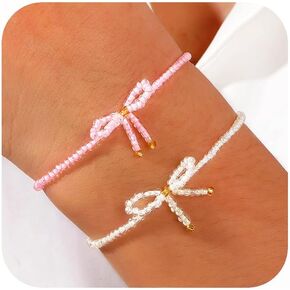 Pink White Bow Seed Beaded Bracelets Set for Women,Cute Boho Small Beads Handmade Stack Adjustable Friendship Ribbon Bracelet Holiday Prom Fashion Jewelry Gift.