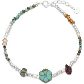 Handmade Turquoise Beaded Bracelet for Women Men, 925 Sterling Silver and Czech beads with Turquoise Flower, 6 inches