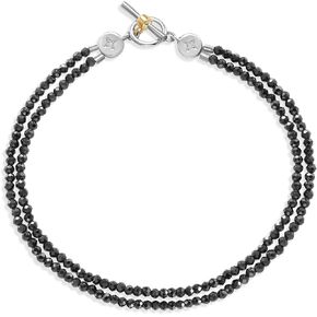 Gem Stone King 925 Silver and 10K Yellow Gold Lab Grown Diamond and Black Spinel Double Line Bead Bracelet For Women (6.5 or 7.5 Inches, with Toggle Clasp)