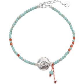 glaieie Beaded Turquoise Bracelet for Women Men with 925 Sterling Silver Fish Charm, 6 inches with 1 inch adjustable extender