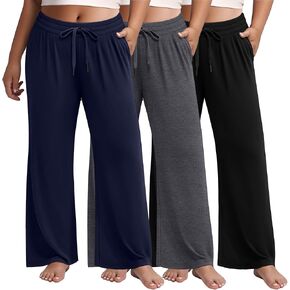 Huukeay 3 Pack Women's Plus Size Pants Wide Leg Yoga Pants Baggy Lounge Sweatpants with Pockets Drawstring High Waist Jogger in Kuwait
