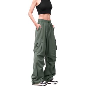 Womens Parachute Cargo Pants - Y2K High Waisted Baggy Pants with Zipper Pockets, Adjustable Cuffs and Knee Pleats