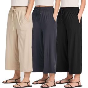 Real Essentials 3 Pack: Women's Ultra-Soft Wide Leg Loose Capri Open Bottom Pants - Yoga Lounge Pockets(Available in Plus)
