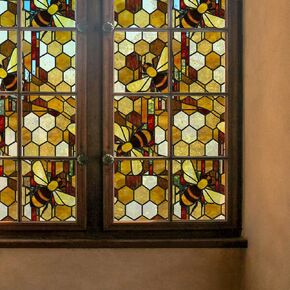 funlife Original Hand-Drawn Stained Glass Window Film, Double-Sided Transparent Static Cling Window Cling, Reusable Windows Decal for Window Glass Door, Honey Bee, 22.83"x110.24"