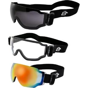 Birdz Eyewear Arch Sports Padded Safety Sky Diving Ski Motorcycle Goggles for Men & Women ANSI Z78.1+ 3 Pairs Clear Smoke and Red Mirror Lenses