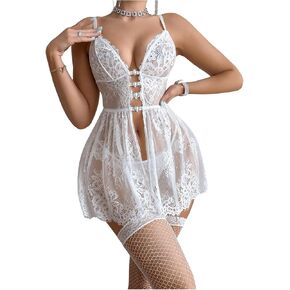 Verdusa Women's Lace Babydoll Lingerie Deep V Neck Lingerie Dress with Thong Stockings