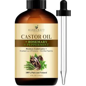 Handcraft Blends Castor Oil with Rosemary and Peppermint Oil in Glass Bottle - 4 Fl Oz - 100% Pure and Natural - Premium Grade Oil for Hair Growth, Eyelashes and Eyebrows - Carrier, Hair and Body Oil