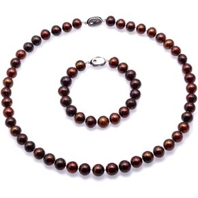 عقد من اللؤلؤ للنساء مقاس 9-10 ملم من لؤلؤ المياه العذبة البني المستدير ومجموعة سوار in Kuwait