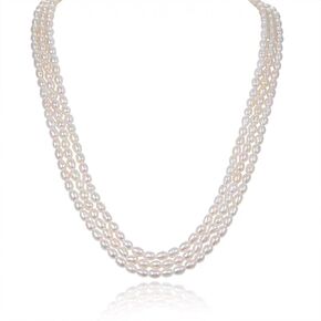 umico Tri-Strands Freshwater Cultured Mini Pearl Necklace for Women, S925 Sterling Silver Clasp, Rice Shape Pearl of 3mm, White