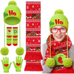 Coume 4 Pcs Winter Scarf and Hat Holiday Gifts for Women Red and Lime Green Elf Beanie Gloves Hat Socks for Adults