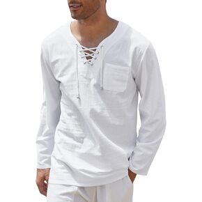 COOFANDY Mens Linen Beach Tee Shirts Cotton Hippie Shirts V Neck Long Sleeve Tunic Big and Tall Yoga Shirt