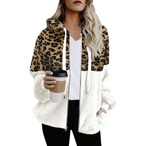 SENSERISE Womens Oversized Fleece Jacket Leopard Print Hoodie Sherpa Jacket Plaid Hooded Coat with Pockets