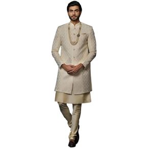 KISAH Men's Cream Jacquard Indowestern Sherwani Kurta & Pajama Set – Regular Fit, Mandarin Collar |Indian Ethnic Wedding & Festive Wear