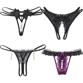 4Pcs Women Sexy Panties Floral Lace Bow Briefs Thongs Underwear T-Back Low Waist V-Shape Breathable 4-Pack M