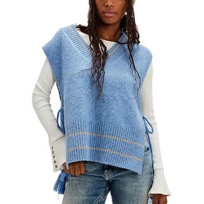 UANEO Women’s V Neck Sweater Vest All Star Stripe Poncho Sleeveless Pullover Tank Tops