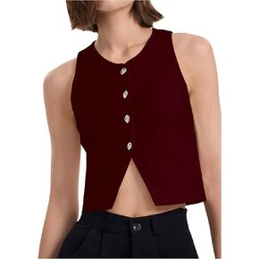 SHENHE Women's Knit Vest Top Button Up Sleeveless Crew Neck Cropped Sweater Vest Tank