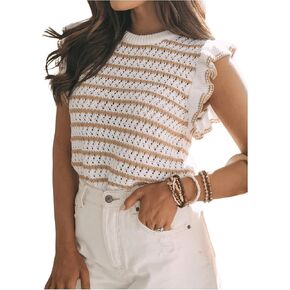 MakeMeChic Women's Striped Round Neck Sweater Vest Flutter Sleeve Hollow Out Knit Tops