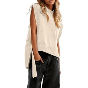 MISSACTIVER Women Oversized Round Neck Sleeveless Sweater Vest Knit High Low Hem Side Tie Solid Color Pullover Tank Tops