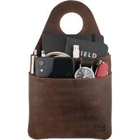 Hide & Drink, Seat Side Organizer for Gear Stick Handmade from Full Grain Leather, Portable Double Bag, Vintage Storage, Travel Accessories - Bourbon Brown