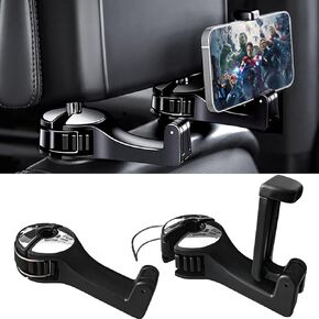 Upgraded 2 in 1 Car Headrest Hidden Hook with Phone Holder for Purse, Universal 360° Rotation Adjustable Headrest Car Seat Hooks, Car Purse Hook Holder (2 Pack)