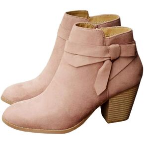 Carcuume Ankle Boots for Women,Ankle Tie Knot,Side Zipper,Round Toe,Chunky Heels,Boots for Women