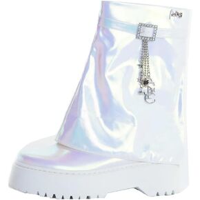 Sparkl Fairy Couture Women's Chunky Heel Thick Sole No Lace Zip-Up Stella Combat Boots Glitter White