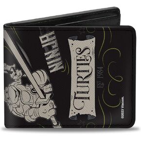 Nickelodeon Wallet, Bifold, Ninja Turtles Est. 1984 Action Poses Black White, Vegan Leather