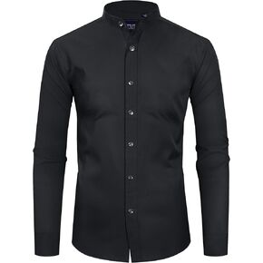 Alimens & Gentle Men's Banded Collar Dress Shirts Wrinkle Free Long Sleeve Mandarin Collar Button Down Shirt in Kuwait