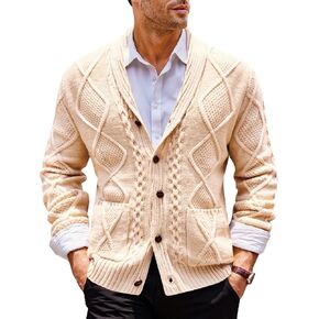 Runcati Mens Shawl Collar Cardigan Sweater Cable Knit Button Down Long Sleeve Casual Sweater with Pockets