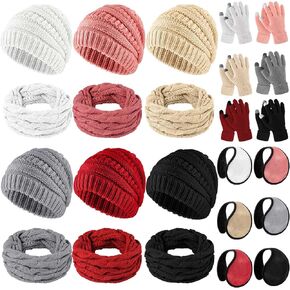 24 Pcs Women Winter Knitted Beanie Hats Loop Scarf Touch Screen Gloves and Earmuff Warm Set for Cold Weather Hiking Skating