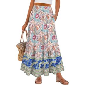 ANRABESS Womens Boho Maxi Skirts 2025 Summer Casual A-Line Flowy Swing Elastic High Waist Tiered Long Skirt with Pockets