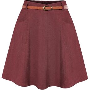 Belle Poque Women Corduroy Skirt with Pockets and Belt Basic Versatile Short Mini Skater Skirts A Line