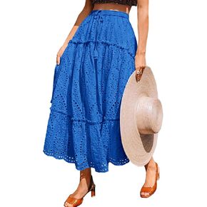 BTFBM Women's Boho Casual Skirts Summer 2025 Lace Embroidery Eyelet Drawstring Waist Flowy Tiered A-Line Maxi Skirt