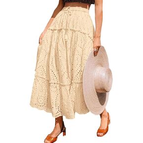BTFBM Women's Boho Casual Skirts Summer 2025 Lace Embroidery Eyelet Drawstring Waist Flowy Tiered A-Line Maxi Skirt