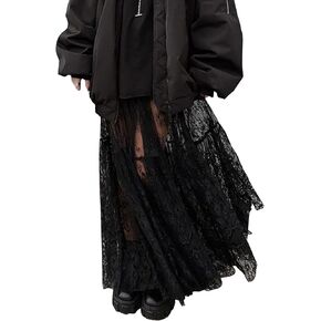 Women Sexy High Waist Solid A-line Sheer Mesh Lace Maxi Skirt Without Lining