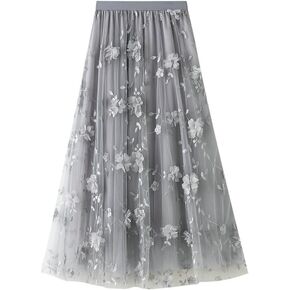 Womens Floral Midi Skirt High Waisted A Line Cute Layered Fairy Mesh Tulle Pleated Skirt