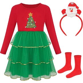 2024 Christmas Dress Xmas Tree Tulle Dresses Outfit with Accessories Headband,Socks