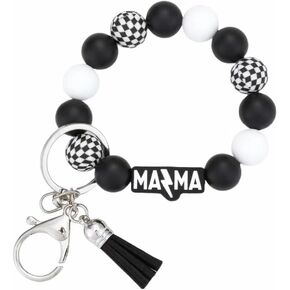 Mama Keychain Wristlet Black and White Chessboard Pattern Silicone Beaded Bracelet Key Chain for Mom MomGifts Mamagifts