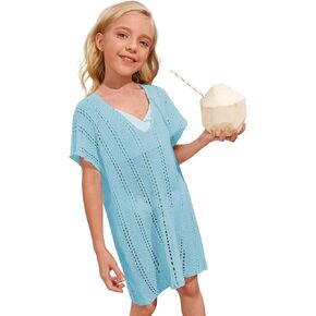 SOLY HUX Girl's V Neck Crochet Short Sleeve Beach Dress Summer Swimsuit Bikini Cover Up