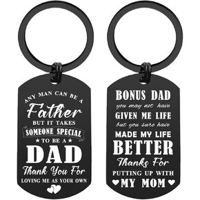 ENGZHI Bous Dad Gifts Stepdad Keychain, Thanks for Loving Me As Your Own, Fathers Day Birthday Christmas, Metal Engraved