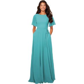 GOEBAODEEN Chiffon Modest Bridesmaid Dresses A Line Bateau Neck Flutter Sleeve Formal Evening Gown with Pockets