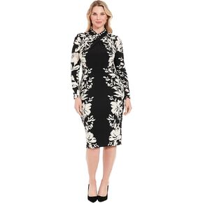London Times Women's Long Sleeve Floral Bodycon Dress-High Neck Knee Length Form Fit