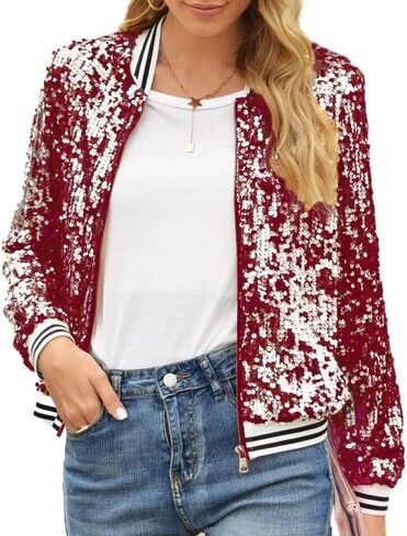 itnpbwus Sequin Jacket for Women Long Sleeved Front Zipper Ribbed Cuffs Bomber Jacket in Saudi Arabia