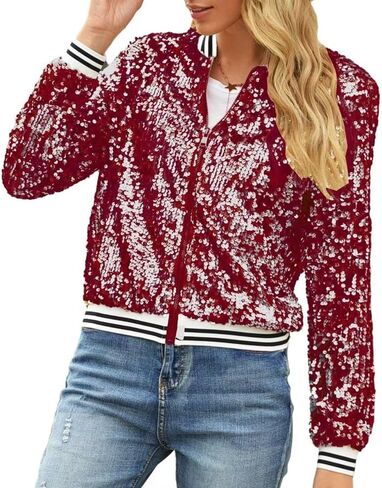 itnpbwus Sequin Jacket for Women Long Sleeved Front Zipper Ribbed Cuffs Bomber Jacket in Saudi Arabia