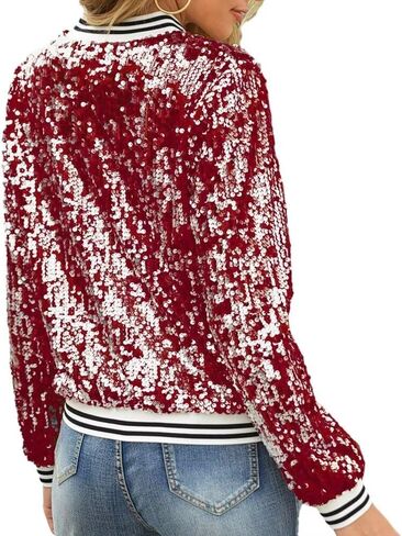 itnpbwus Sequin Jacket for Women Long Sleeved Front Zipper Ribbed Cuffs Bomber Jacket in Saudi Arabia