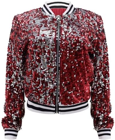 itnpbwus Sequin Jacket for Women Long Sleeved Front Zipper Ribbed Cuffs Bomber Jacket in Saudi Arabia