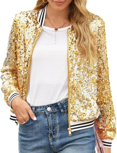 itnpbwus Sequin Jacket for Women Long Sleeved Front Zipper Ribbed Cuffs Bomber Jacket in Saudi Arabia